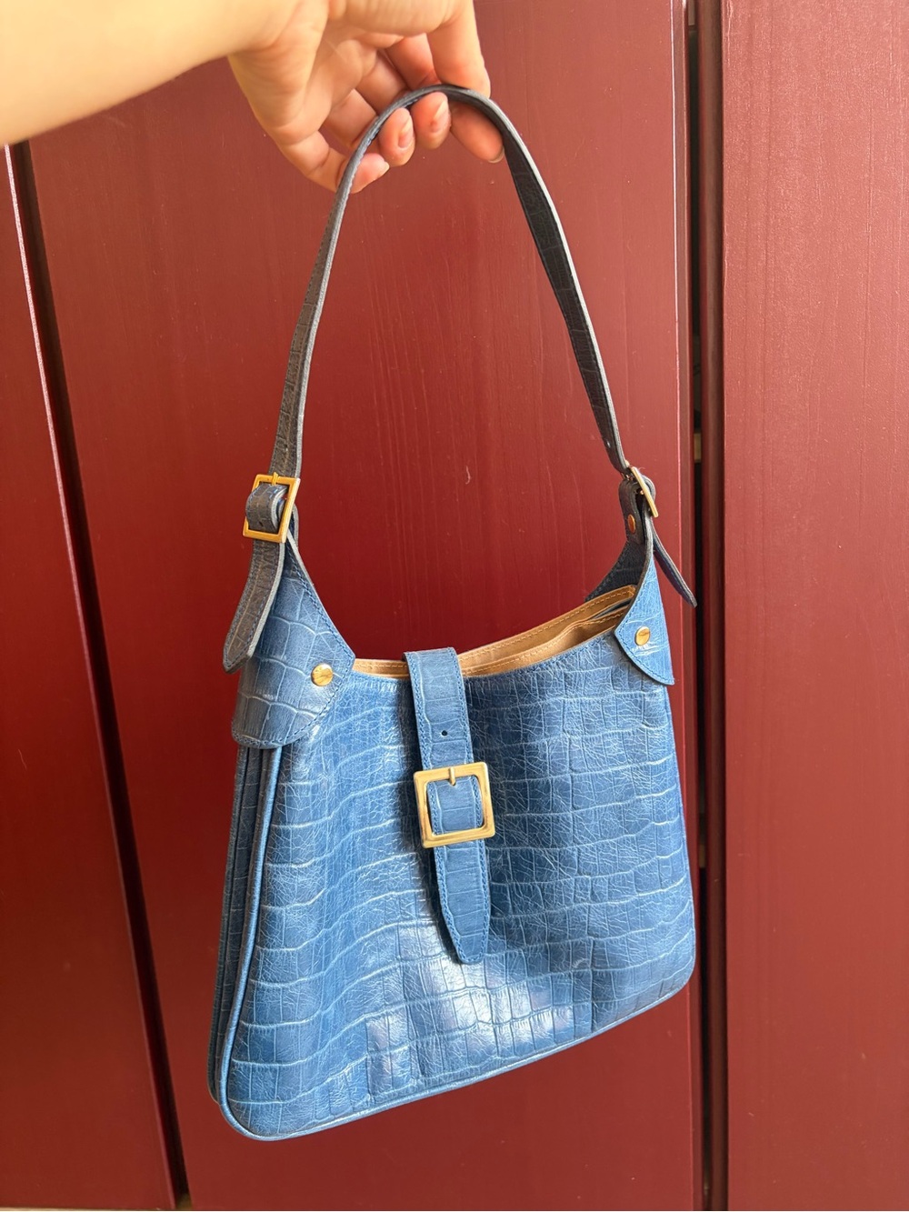 L'INTERVALLE Blue Croc-Embossed Shoulder Bag with Gold Buckle